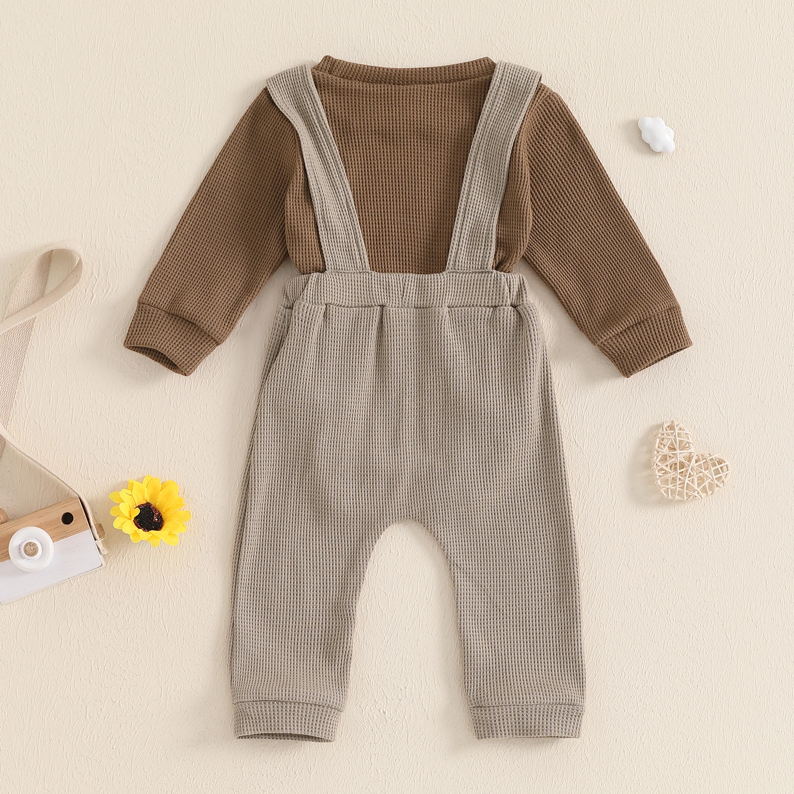 FOCUSNORM 0-18M 2pcs Baby Boys Fall Clothes Sets Solid Color Waffle Crew Neck Long Sleeve Rompers Suspender Pants
