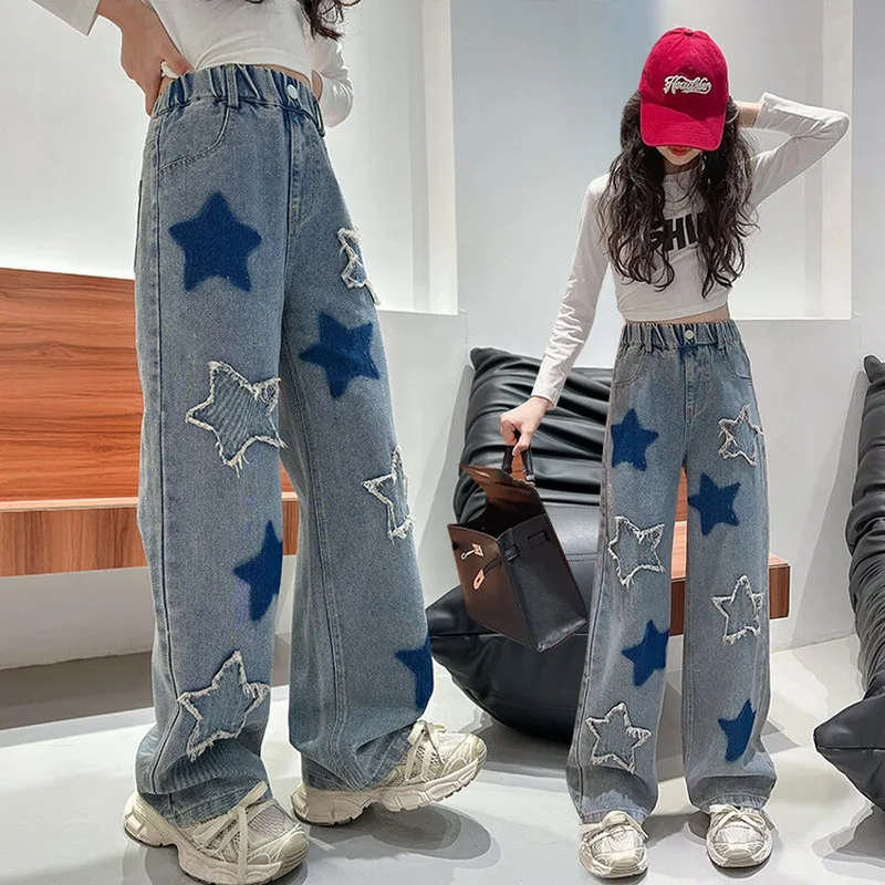 Girls School Wide Leg Pants with Star Design Casual Loose New Spring Fashion Long Jeans Children Korean Style Trousers