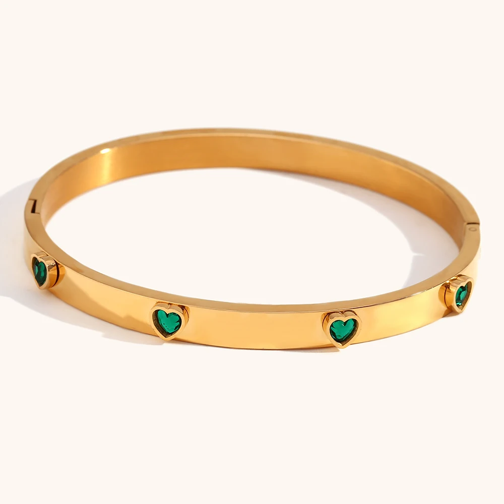 La.Muses Sweet Romantic Green Clear Heart Zircon Can Be Opened Premium 18K Gold Plated Stainless Steel Bangles For Women Jewelry 5