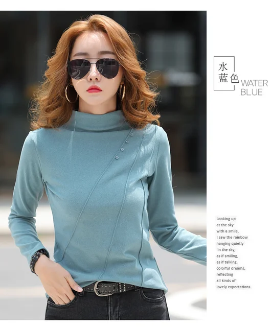 0333 Autumn Winter Half High Collar Long Sleeve T Shirt Women