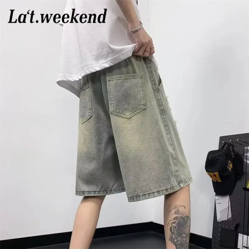 High Street Denim Shorts Male Star Fur Drawstring Design Loose Five-point Mid-sized Pants