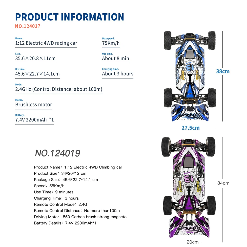 WLtoys 124017 브러시리스 4WD 전기 고속 드리프트 원격 제어 완구, 75 KM/H 124019 55 KM/H 124008 60 KM/H 2.4G RC 자동차, 3000mAh