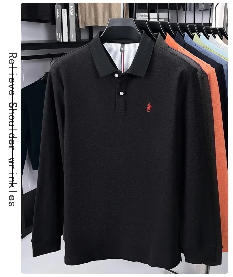 100% reine Baumwolle Luxus Herren Langarm-Poloshirt Designer-Marke Paul mit Pony-Stickerei Weicher Komfort Frühling Herbst Casual T-Shirt – Detail 37