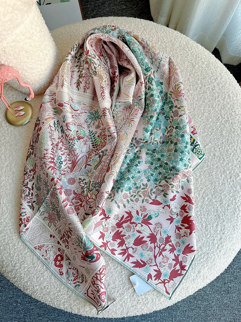 Loral Garden Scarf Small Floral Scarf Pink Woman Neck Hijab For Girl Summer Head Handkerchief For Hair Silk100