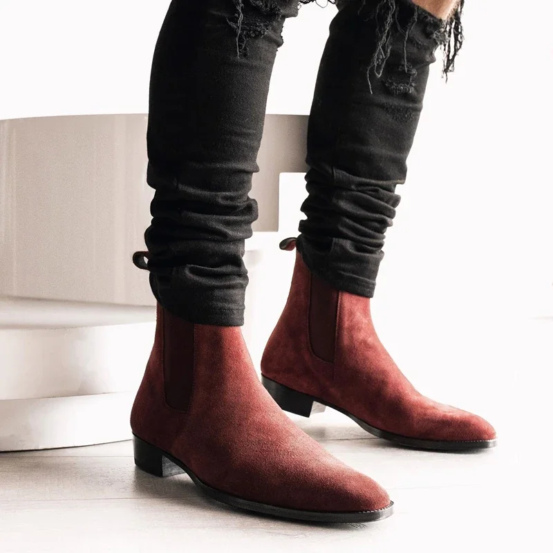 Chelsea Boots Men Red Faux Suede Cowboy Ankle Vintage Boots Slip on Shoes for Men