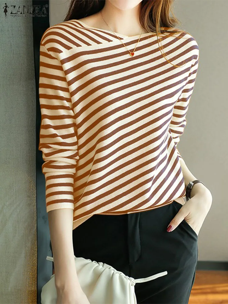 

ZANZEA Casual Stripe Patchwork Blouse Spring Elegant Tunic Tops Woman Long Sleeve V-Neck Shirt Female Holiday Blusas Mujer 2024
