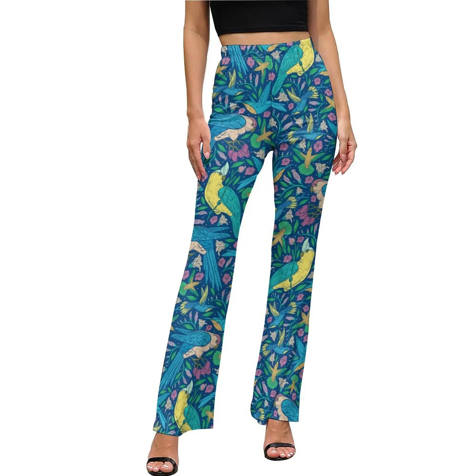 

Tropical Birds Flower Pants Elastic Waist Floral Print Korean Fashion Flared Pants Summer Night Club Custom Big Size Trousers