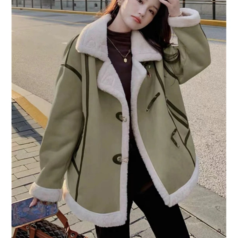 

Winter Fashion New Standing Neck Long Sleeve Thickened Warm Sheep Shearing Pellet Fur One Piece Fur Coat Women's Trend