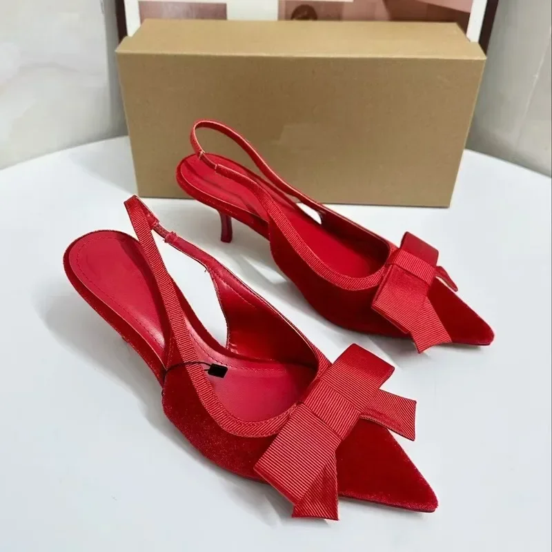 Women High Heeled Shoes Pointed Toe Slingbacks Bowknot Decoration Elegant Vintage Wedding Party Dress Sandals for Ladies