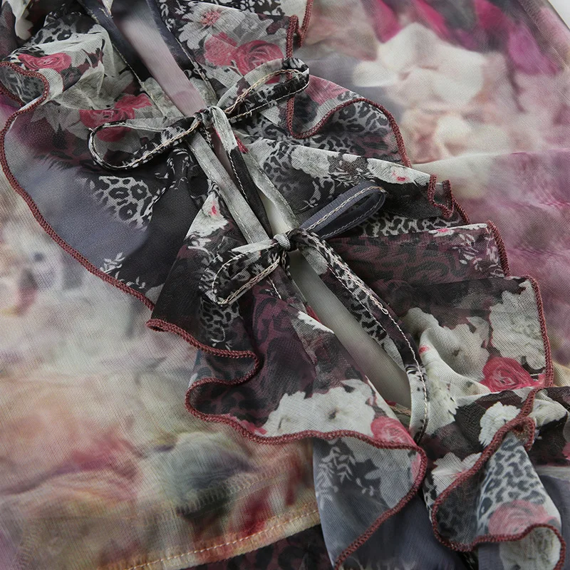 Blusa de manga larga acampanada con volantes y estampado floral para mujer, estilo grunge de los años 2000, ropa urbana Y2K