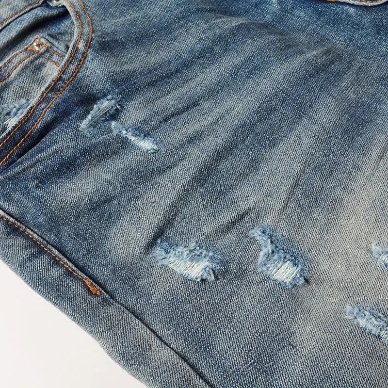 High Street Fashion Men Jeans Retro Blue Stretch Skinny Fit Ripped Jeans Men Leather Patched Designer Hip Hop Brand Pants Hombre