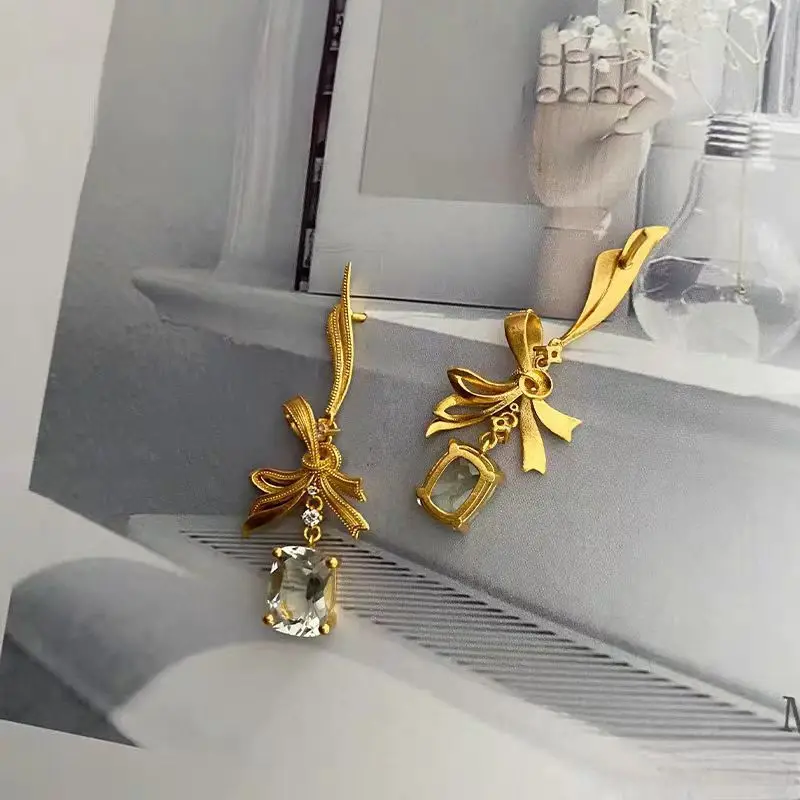 24K Gold AU999 Bow Square Stud Earrings Zircon Women's Jewelry Birthday Gift