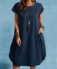 2025 Europe and America Cross border Foreign Trade New Casual Round Neck Loose Solid Pocket Dress