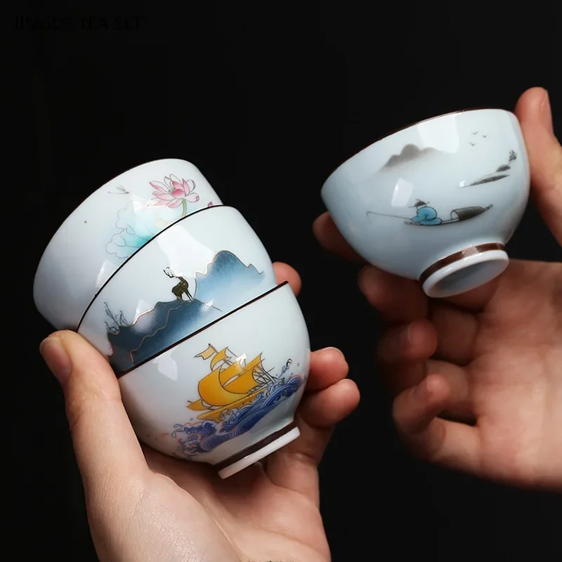 1PCS 40ml celadon small teacup hand drawn landscape painting engraved characters portable tea cup Chinese tea set