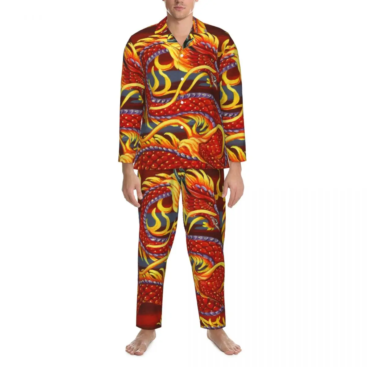 

Fire Dragon Pajama Sets Autumn Eastern Sunset Print Cute Daily Sleepwear Men 2 Piece Vintage Oversized Graphic Nightwear Present