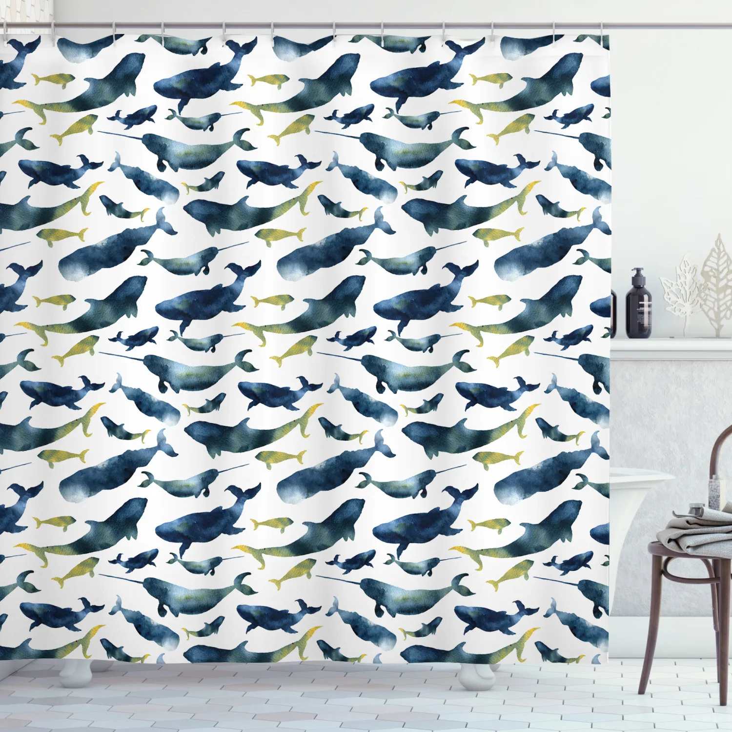 Narwhal Shower Curtain Set Watercolor Whales of the Arctic Ocean for Bathroom Decor 12 Hooks Decorative Bath Accessory | Дом и сад