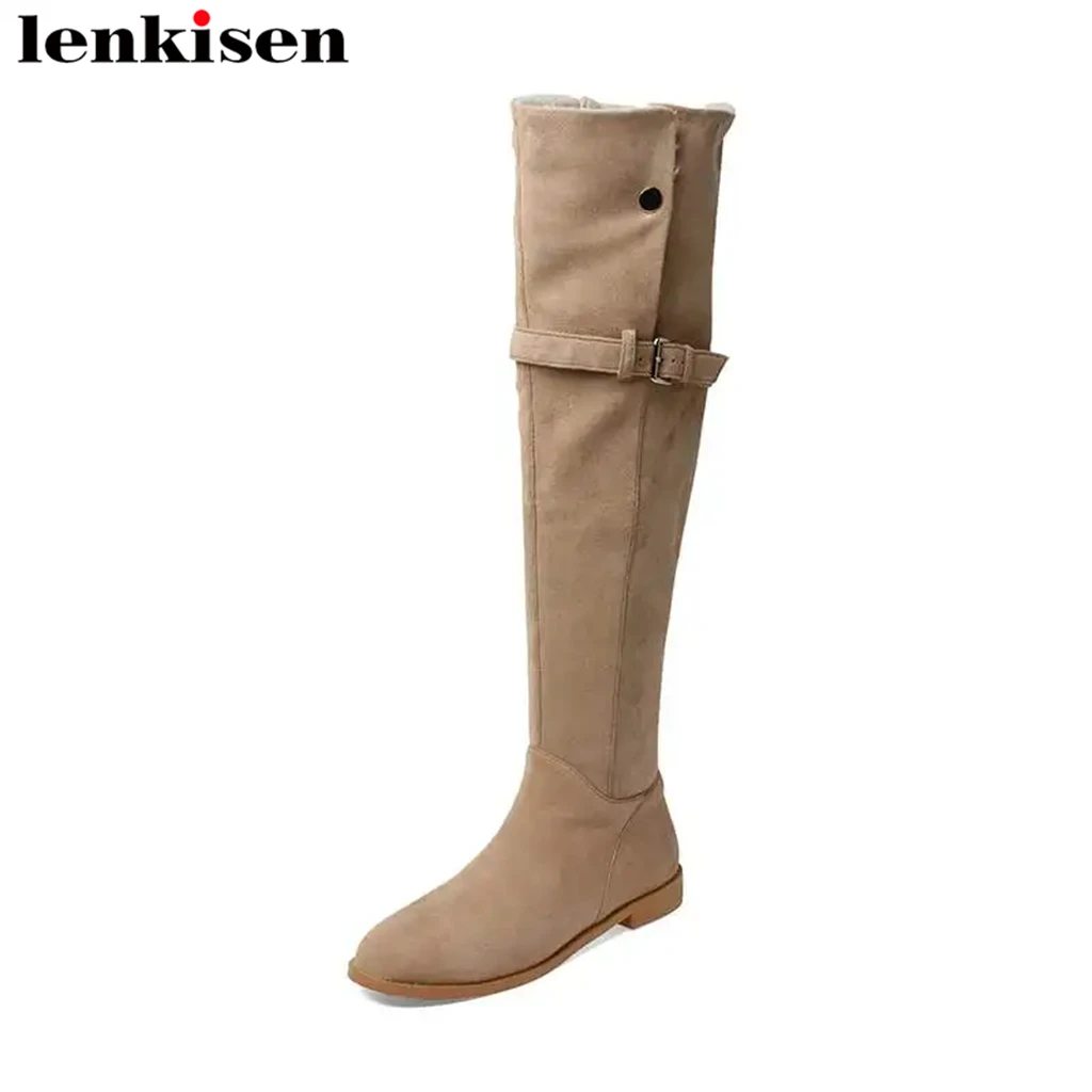 

Lenkisen Keep Warm Sheep Suede Low Heels Round Toe Snow Boots Thick Fur Belt Buckle Fashion Brand Zipper Ins Over-the-knee Boots