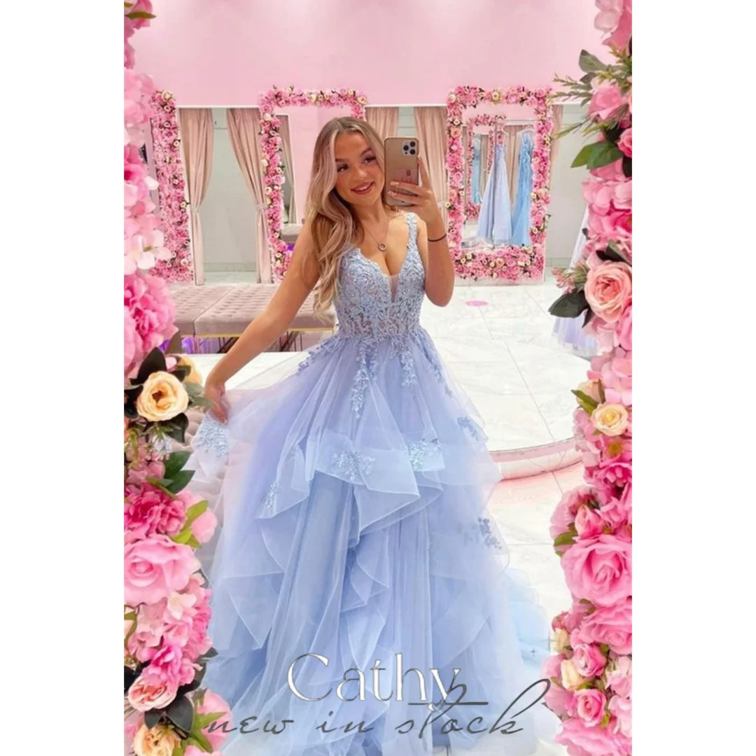 

Cathy Lavender Tulle Prom Dresses V-neck Lace Embroidery فساتين السهرة Elegant Sleeveless A-line Edge Curl vestidos verano moda
