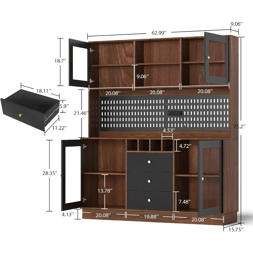 Wine Cabinet with Pegboard, Cup Holder, Power Outlet, 4 Doors & 3 Drawers, Microwave Shelf & Wine Rack, Freestanding Bar Cabinet