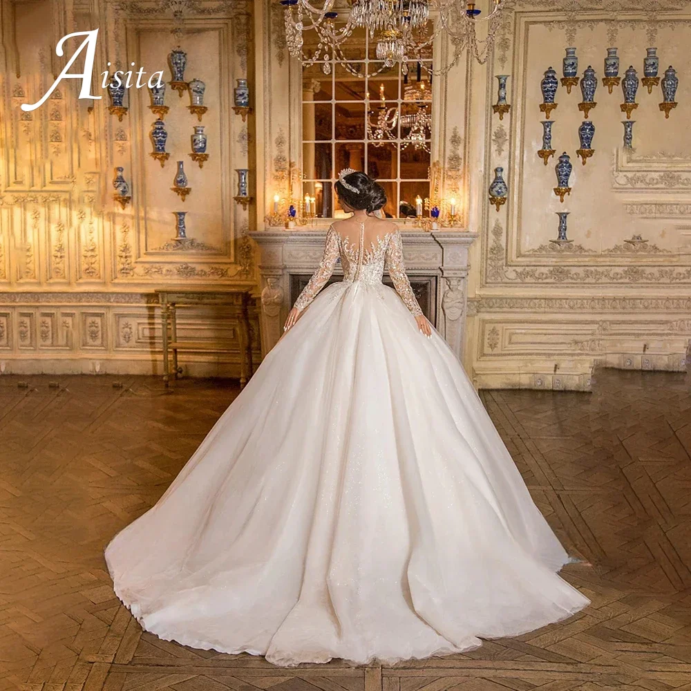 Customized Exquisite Wedding Dress Sheer O-Neck Lace Beaded Applique Illusion Long Sleeves A-Line Bride Dress Vestidos De Noiva 2
