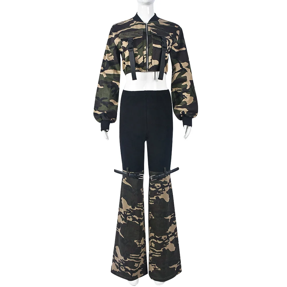 Camouflage Two Piece Denim Set for Woman Streetwear Long Sleeved with Exposed Waist Elastic Belt and Pants Suit Autumn 2024 New