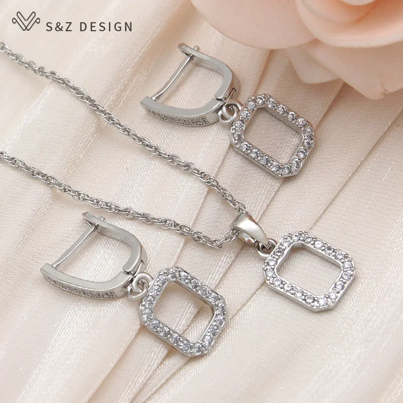 S&Z DESIGN New Fashion Cubic Zirconia Rectangle Dangle Earrings Jewelry Sets For Women 585 Rose Gold Color Pendant Necklace