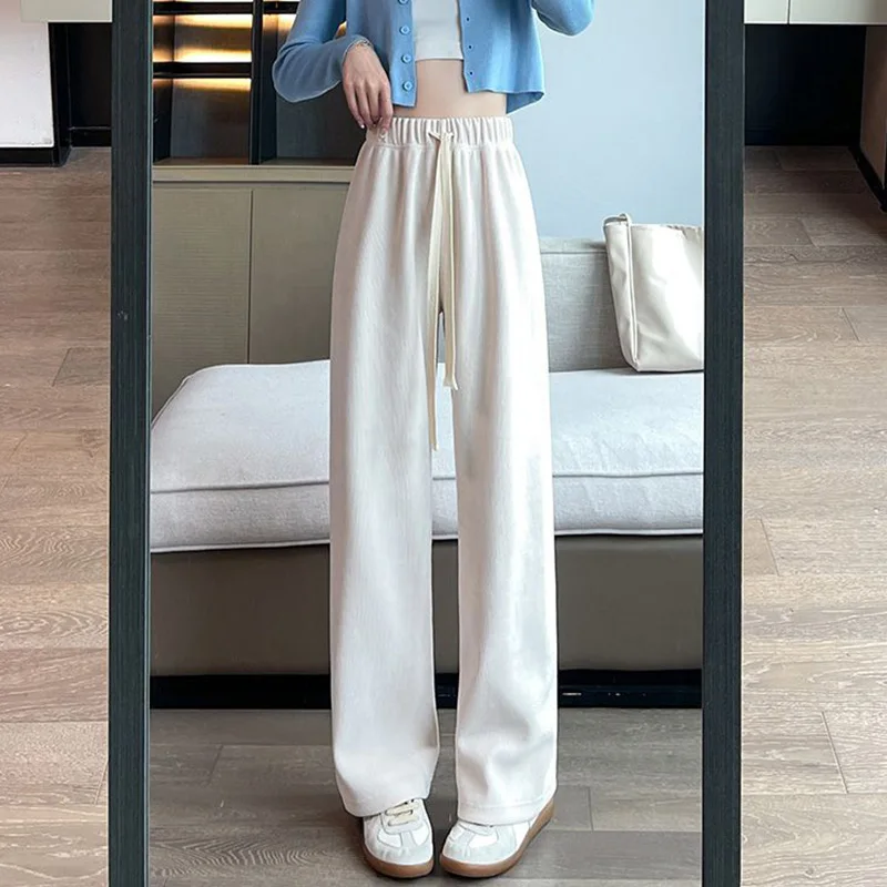 Pantalones de pana elásticos de cintura alta Rimocy para mujer, pantalones casuales rectos con cordón de otoño, pantalones vintage de pierna ancha para mujer