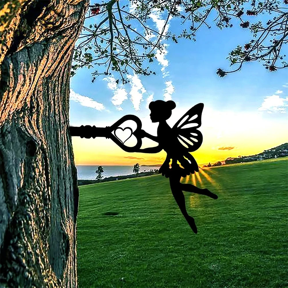 Fairy Silhouette Statue Metal Branch Decoration Angle Metal Stake Outdoor Garden Butterfly Flower Decor Branch Tree Art