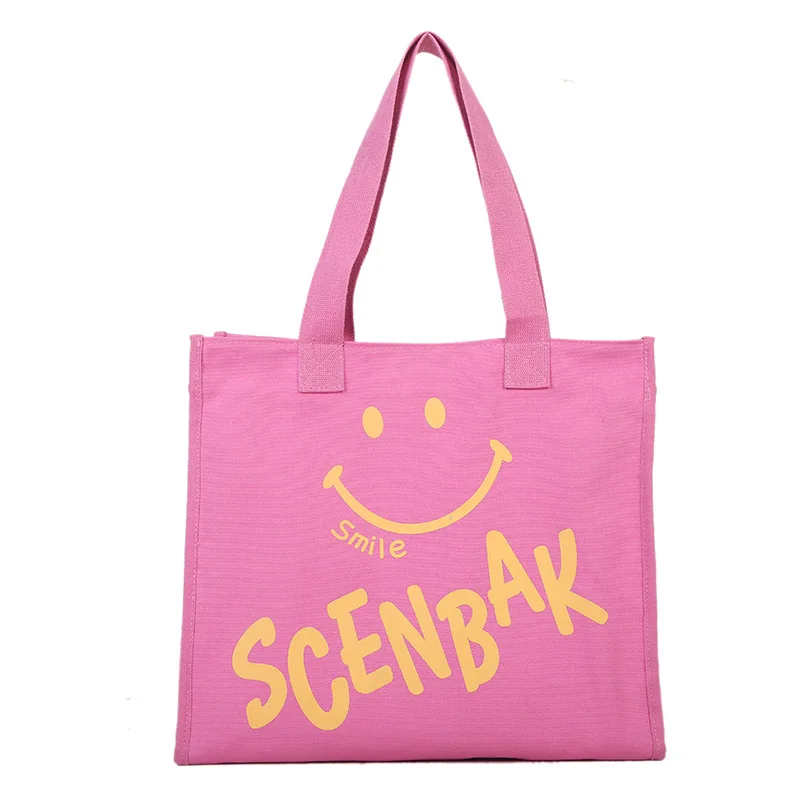 

Cute Smiling Face Print Shopping Bag Causal Letters Canvas Shoulder Bag Women Large Capacity Cloth Handbag Student Book Tote Bag