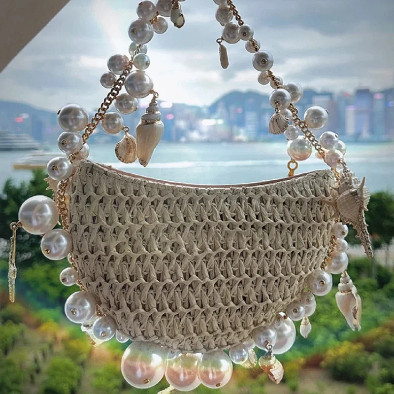 Bohemian Pearls Straw Bag Conch Starfish Women Handbags Half Moon Beach Shoulder Bag Designer Rattan Crossbody Bags Ladies Tote