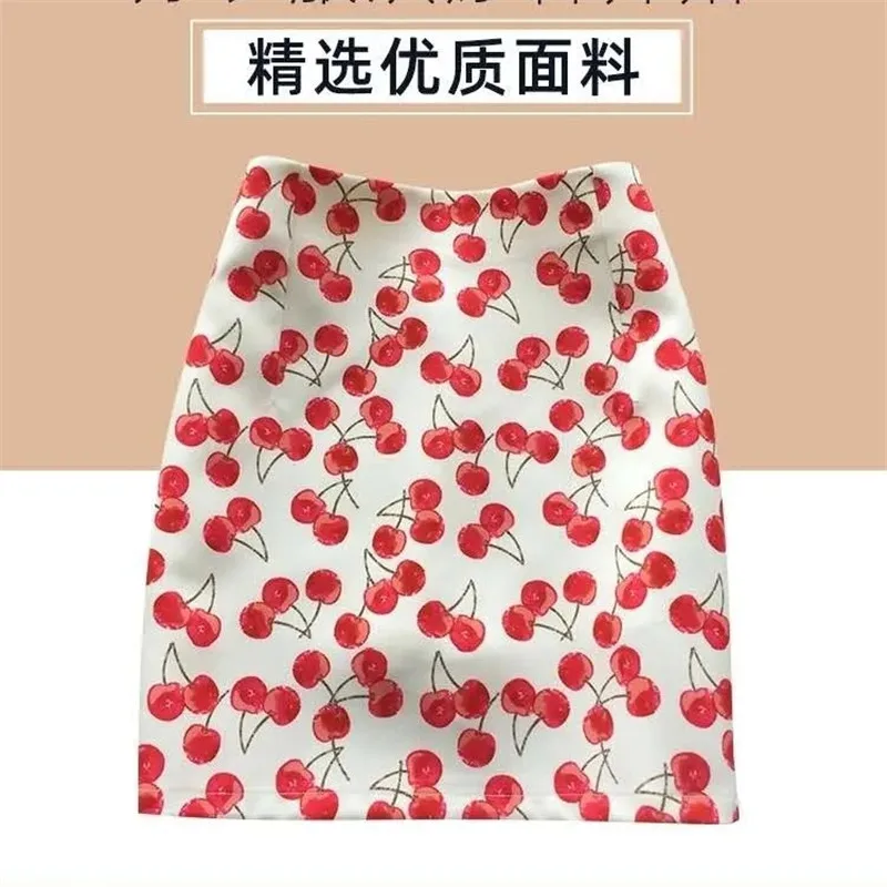 

New Red Cherry printing Skirt women Pack Hip Fashion Elegance Elastic Anti-Slip One-Step Skirt Clothing For Female Spring Summe
