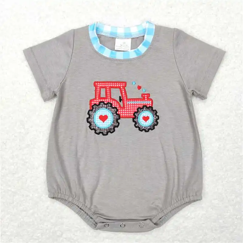 Wholesale Toddler Baby Boy Sleeveless Tractor Romper Newborn Summer Embroidery Plaid One-piece Kids Children Clothing 4