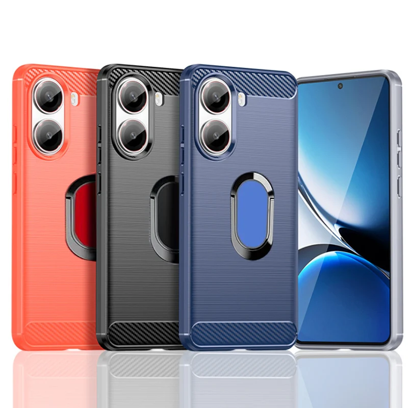 Carbon Fiber Silicone Shockproof Case with Magnetic Ring Stand Holder