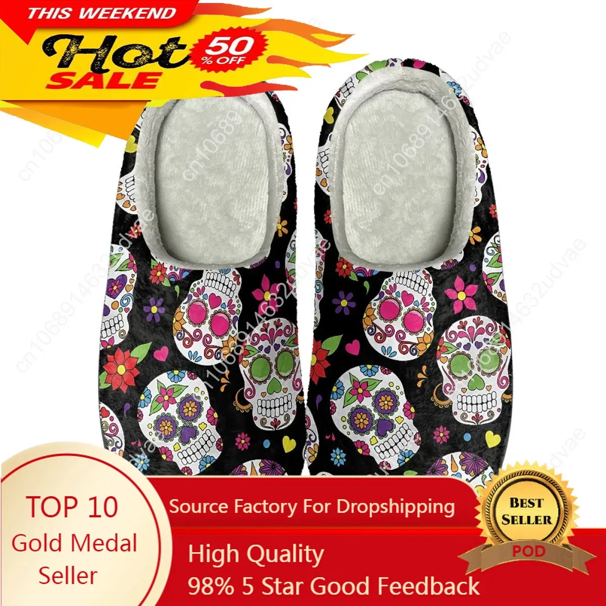 

Sugar Skull With Floral Pattern Couple Winter Thick Gothic Style Home Indoor Outdoor Keep Warm Shoes For Female Girl