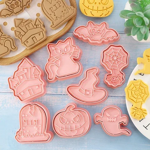 

8Pcs/set Halloween Cookie Cutters Plastic 3D Cartoon Pressable Biscuit Mold Cookie Stamp Kitchen Baking Pastry Bakeware Tools