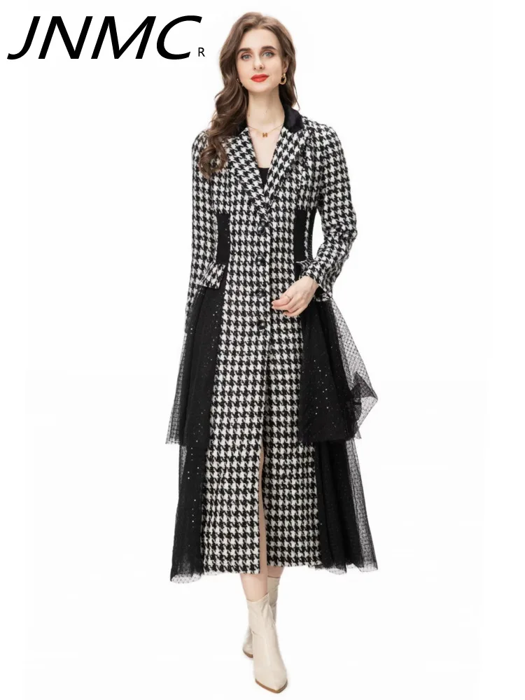 

JNMC Women Plus Long 2024 Autumn/Winter New Suit Dress Thousand Bird Lattice Splicing Sequin Mesh Skirt Coat Coat Women