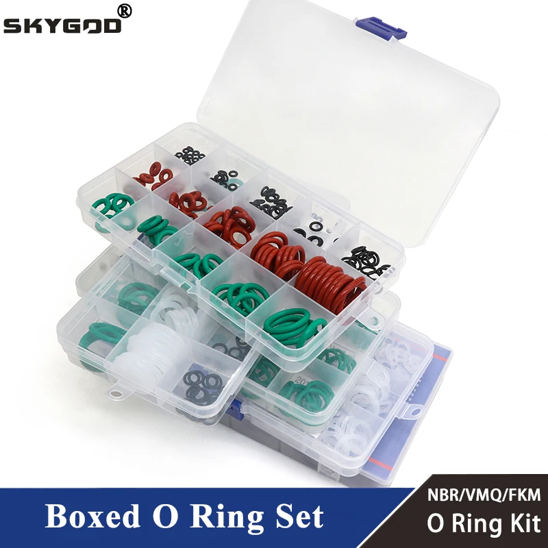 

Boxed VMQ NBR FKM O Ring Set High Quality For Car Gasket Rubber Washer Seals Assortment Red/Black/Green O-Ring Seals Kit