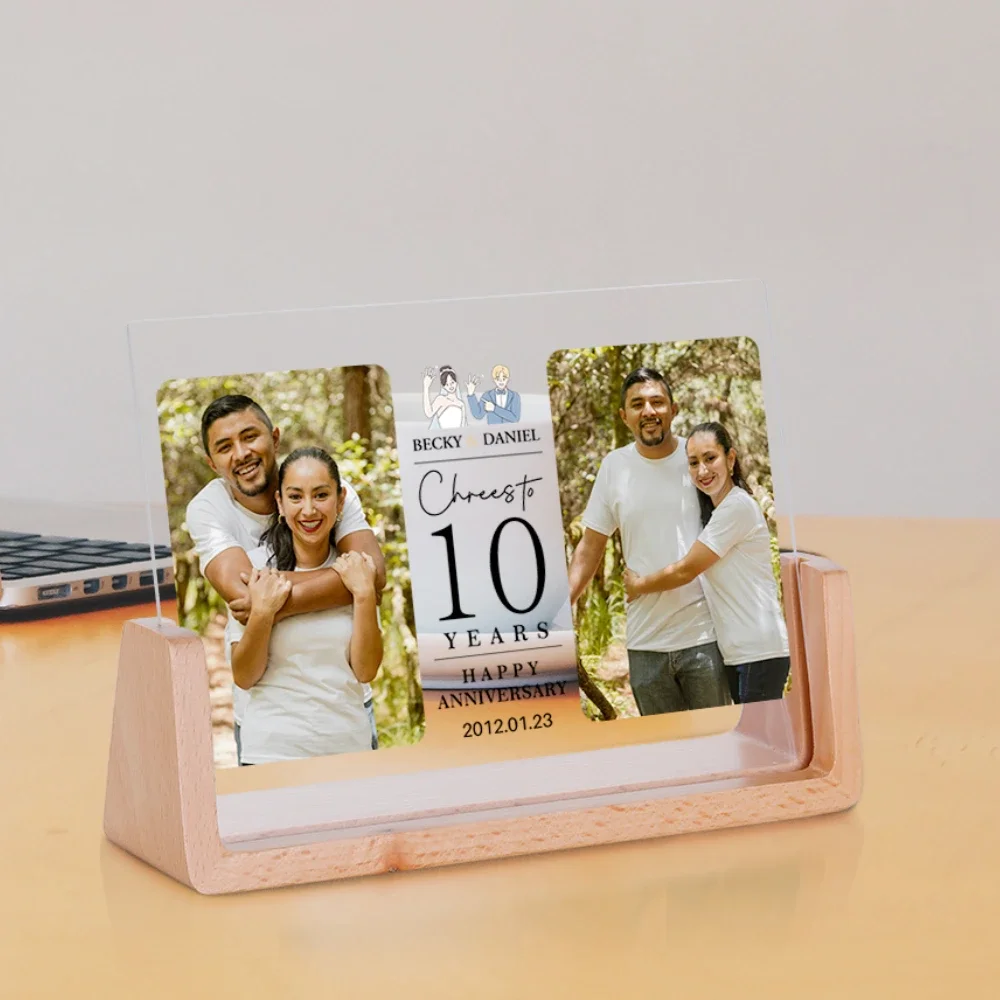 

10th Anniversary Gift for Husband Wife Personalised Picture Frame with Wood Stand Couple Engagement Wedding Print Keepsake Frame