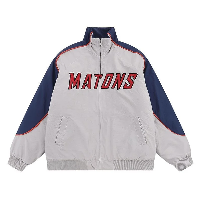 

Retro Letter Baseball Uniform Padded Coat Color Contrast Motorcycle Racing Jacket Unisex Street Splice Patchwork Parkas