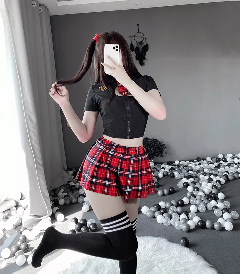 Tartan Patchwork Japanese Schoolgirl Cosplay Uniform Set Sexy JK Embroidery Pleated Role Playing Costume Plaid Skirt Socks women cosplay costume