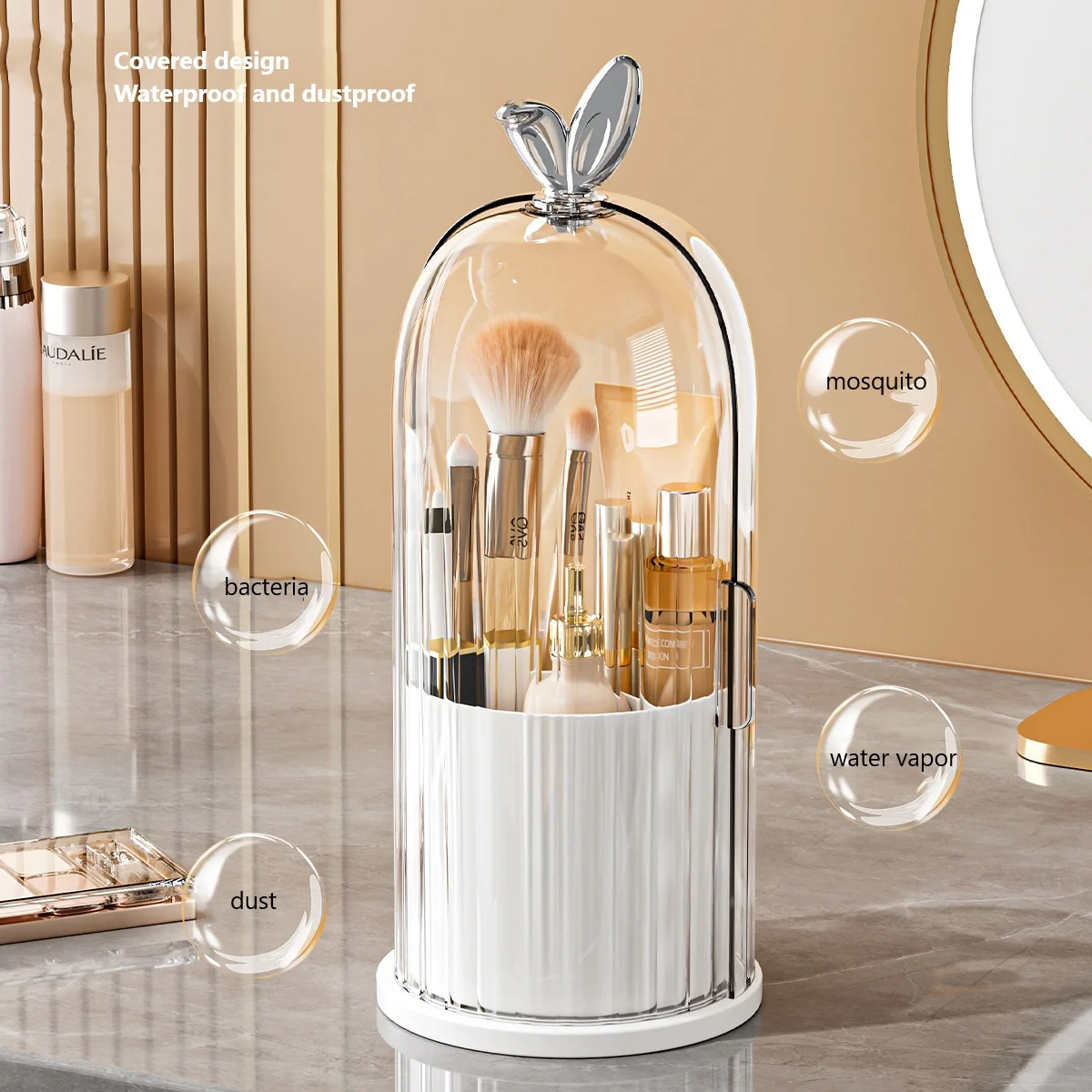 360° Rotating Makeup Brush Organizer with Dust-Proof Lid Plastic Cosmetic Storage Box for Brushes, Lipsticks,Eyebrow Pencils 6