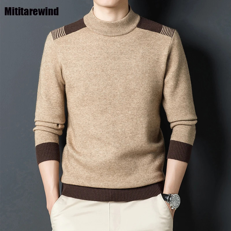 

Winter Sweaters for Men Daily Casual Pullovers Mock Neck Patchwork Thick Knitwears Fashion Warm Bottoming Cashmere Sweater Men