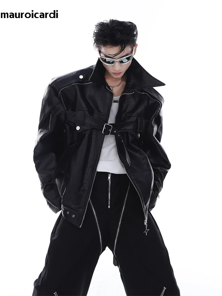 Mauroicardi Spring Autumn Cool Stylish Oversized White Black Faux Leather Jacket Men Zip Up Luxury Designer Emo Clothes 2023