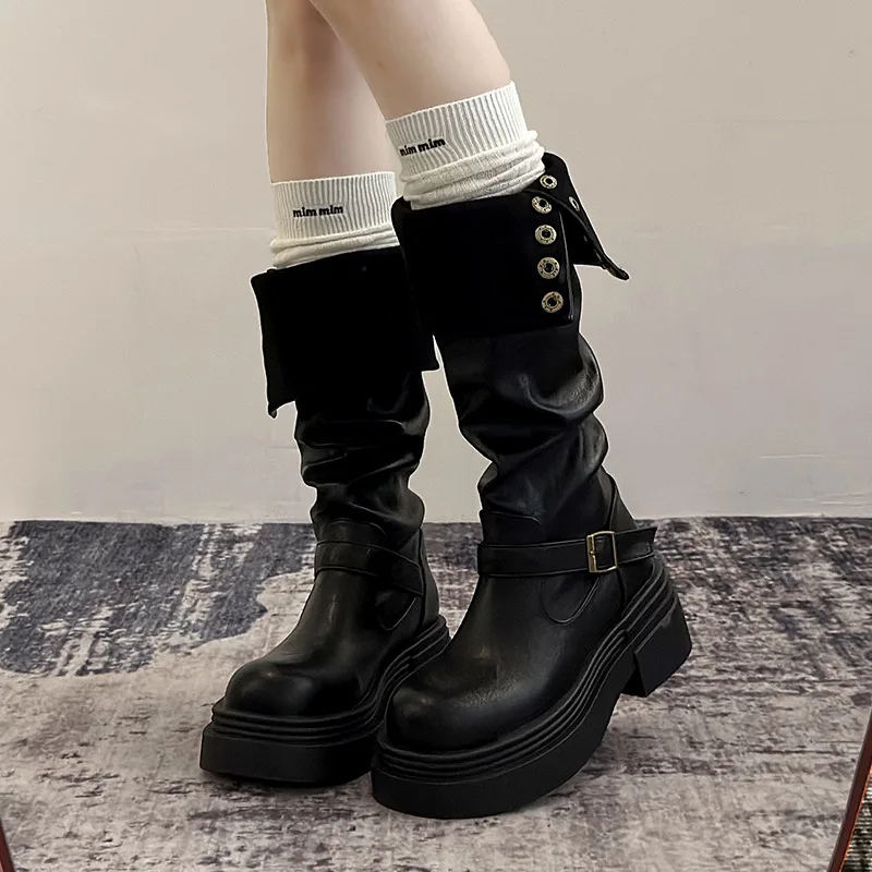 Women's Platform Motorcycle Boots Buckle Strap Thick-soled Boots Feamle New Fashion Black PU Leather Western Knight Botas Mujer