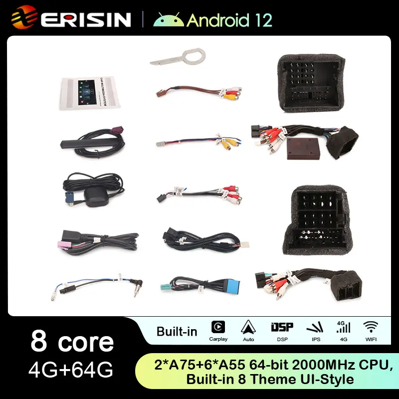 Erisin 안드로이드 12.0 오토라디오 GPS 내비게이션, 아우디 A4 S4 RS4 B9 B7 시트 EXEO 무선 카플레이, 자동 4G WiFi BT DSP, ES8938A, 8 코어