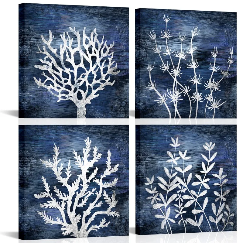 

4 Pieces Abstract Seaweed Wall Art Canvas Painting Seabed Plants Print Poster Modern Style Picture Living Room Wall Decor