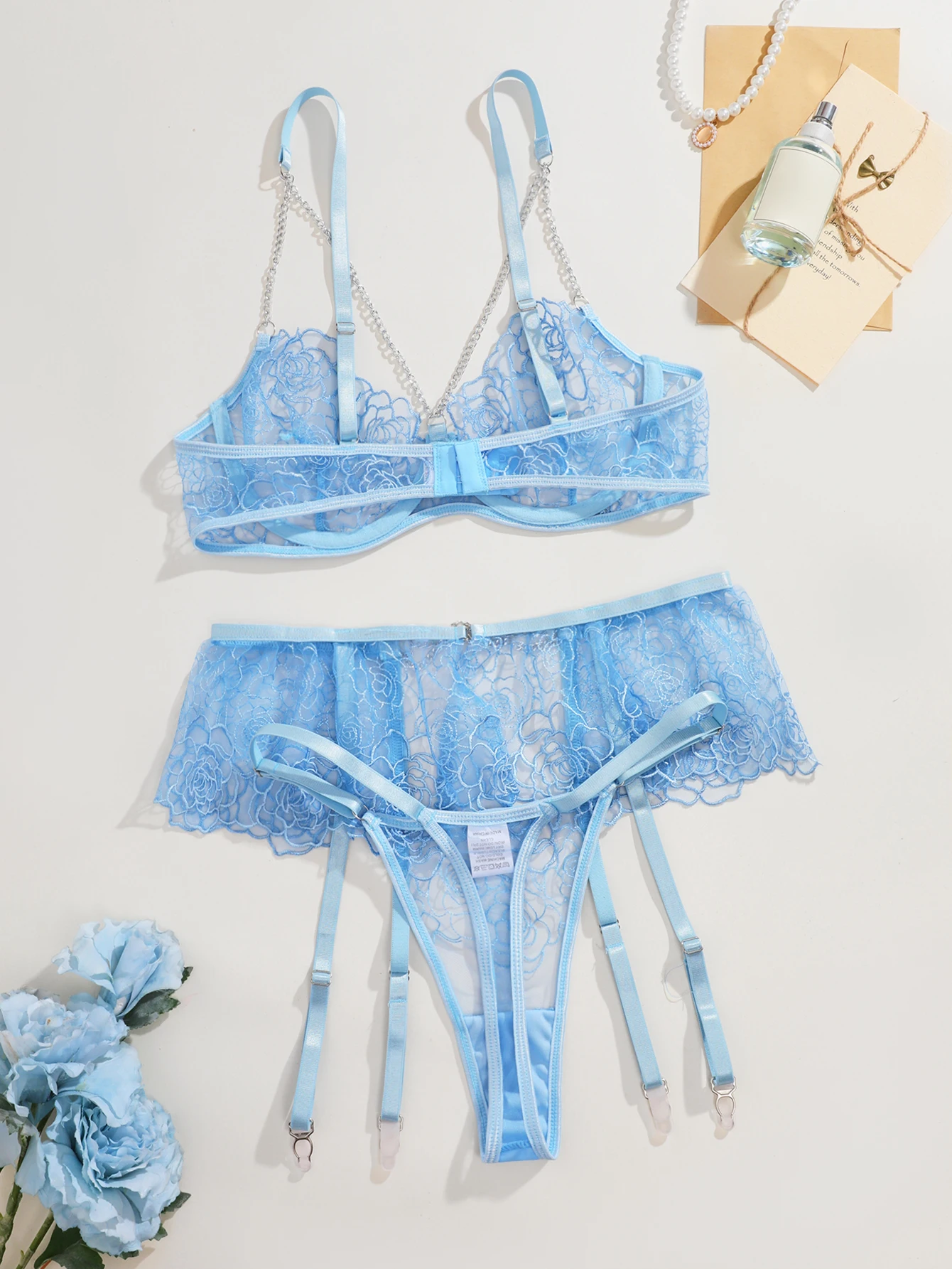 3-Piece Embroidery Lace Exotic Sets Women Sexy Patchwork Lingerie Set Chain Bra Panty Tassel Underwear Kit For Female