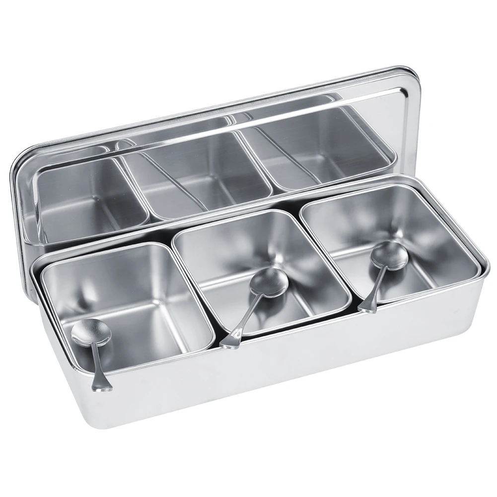 Stainless Steel Seasoning Box 3 Grids Multifunction Spice Container with Spoons Cover for Snacks Flour Dry Goods Fruits