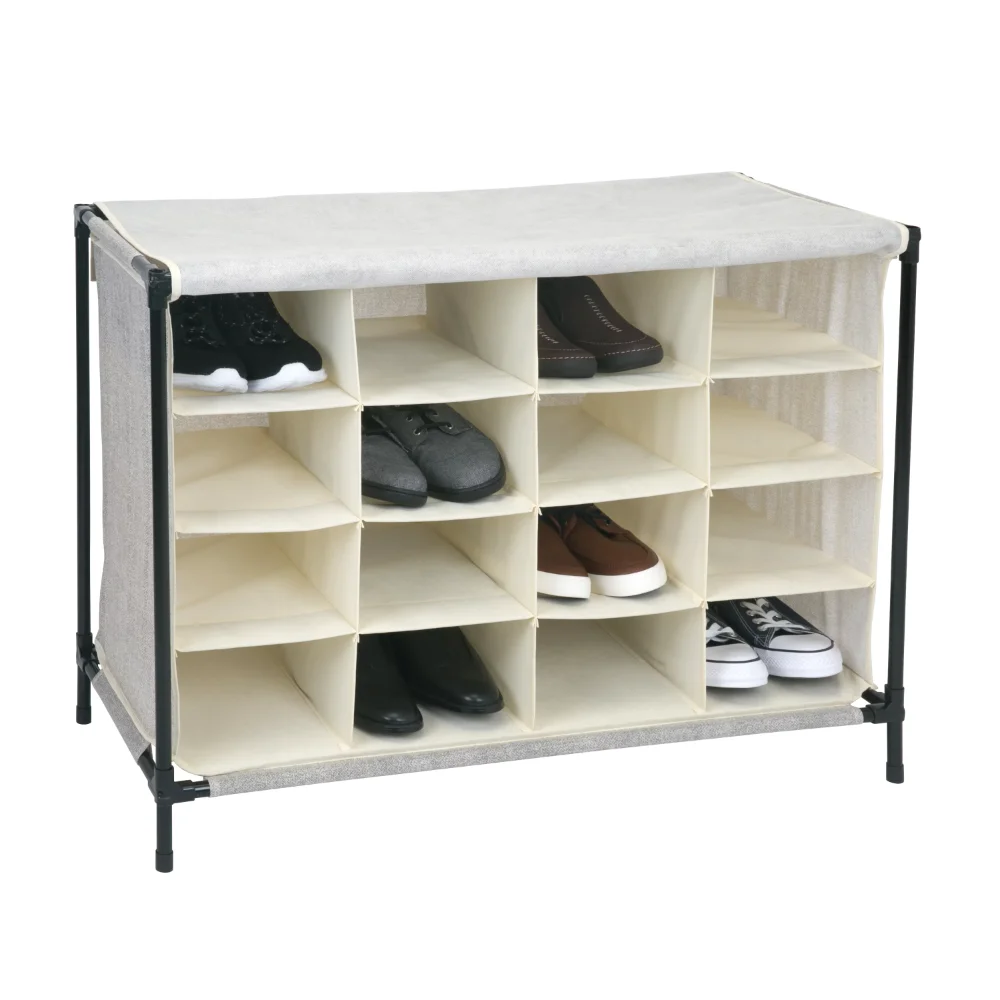 

Simplify 4 Tier Fabric 16 Pairs Shoe Cubby Organizer, 16 Compartment, with Cover in Ivory