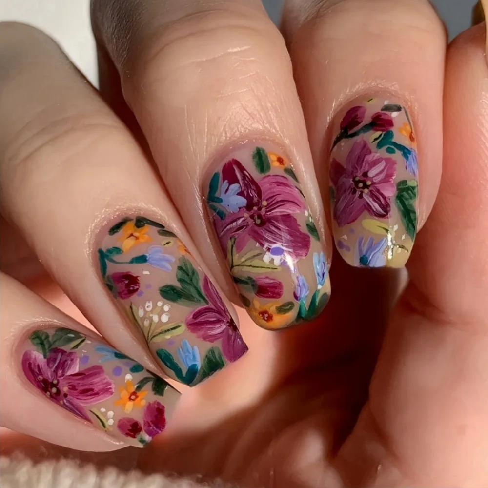 Ladder-Shaped Floral Ombre French Press-On Nails with Glue Strips - 24 Piece Set